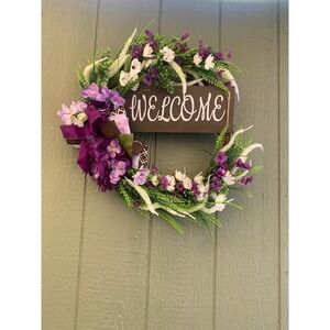 Floral Welcome Wreath Purple White Spring Summer Front Door Decoration